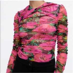 NWT Zara Floral Printed Tulle Mesh Ruched Pleated Crop Top XS